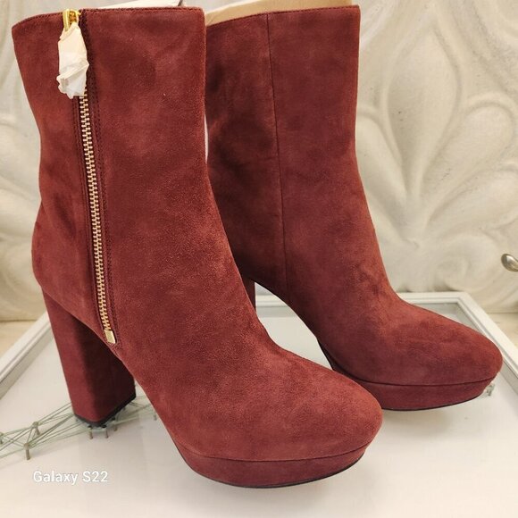 Michael Kors Frenchie Brandy Red Suede Block Heel Platform Ankle Booties NIB. - Picture 2 of 12